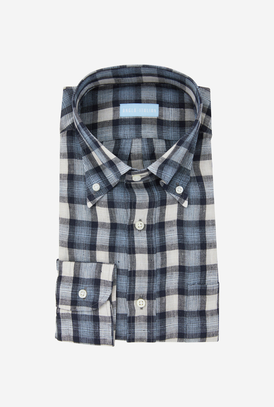 Button Down Linen Madras Shirt Navy Ecru Check