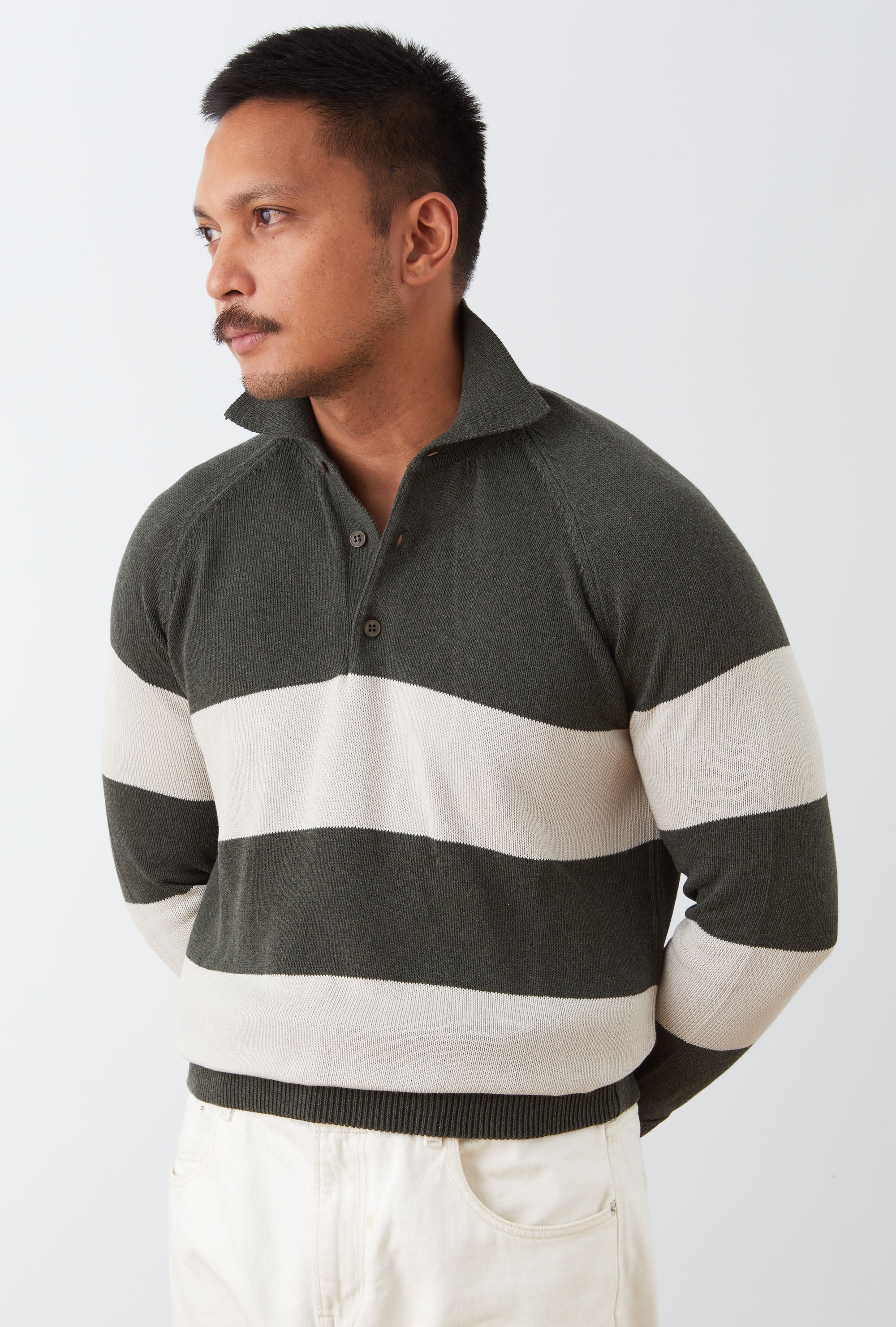 Raglan Polo Cotton Olive Ecru Stripe