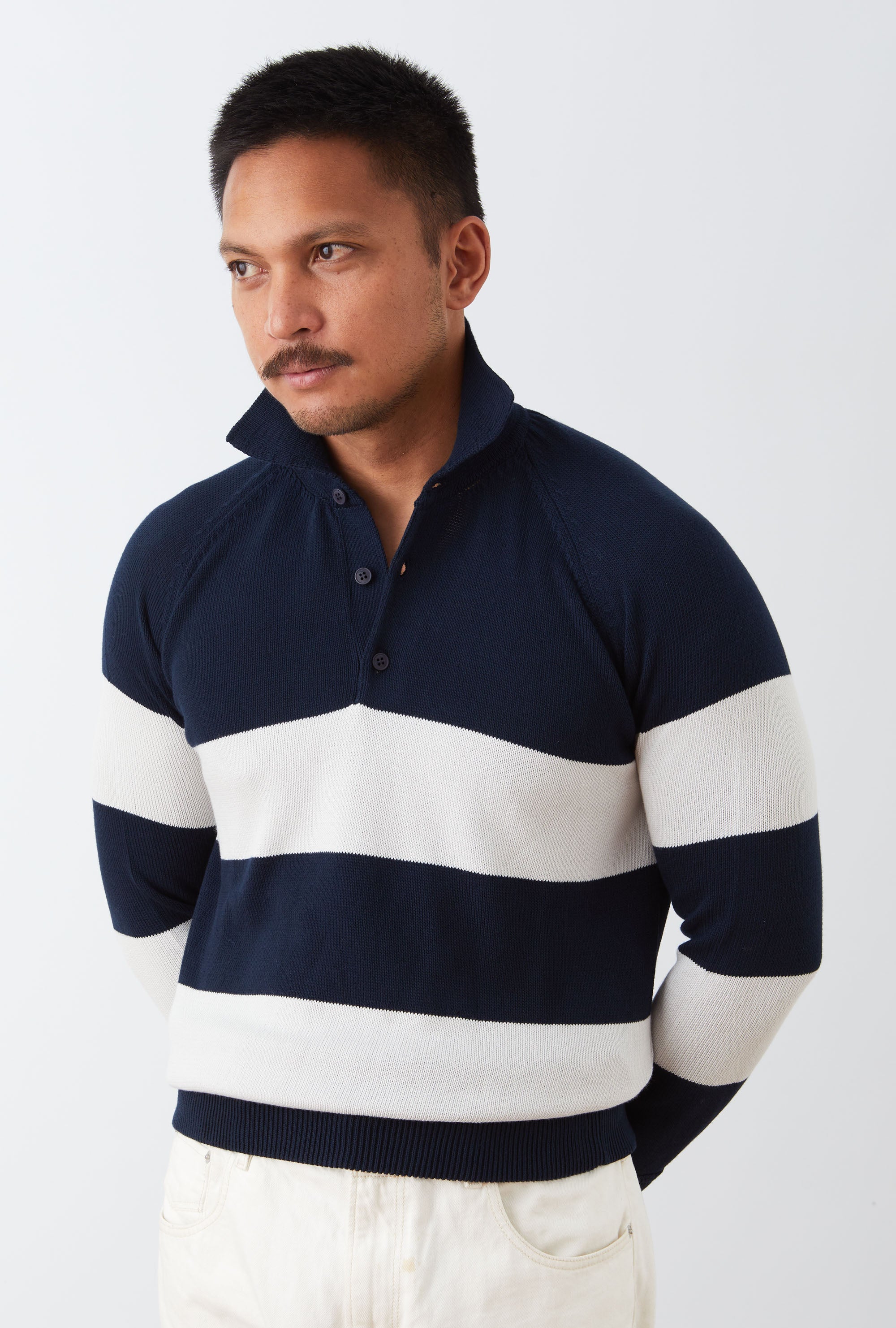 Raglan Polo Cotton Navy Grey Stripe