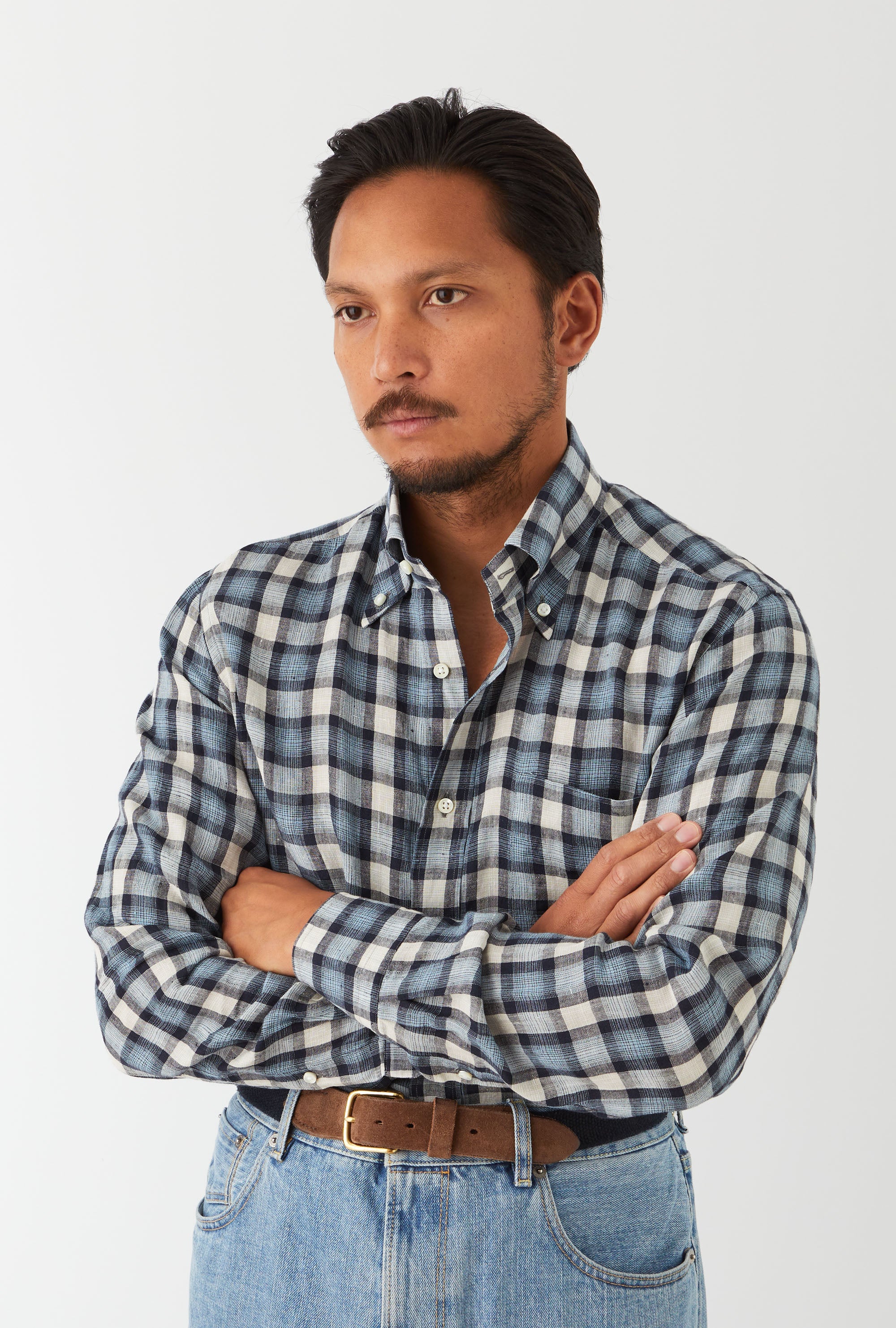 Button Down Linen Madras Shirt Navy Ecru Check