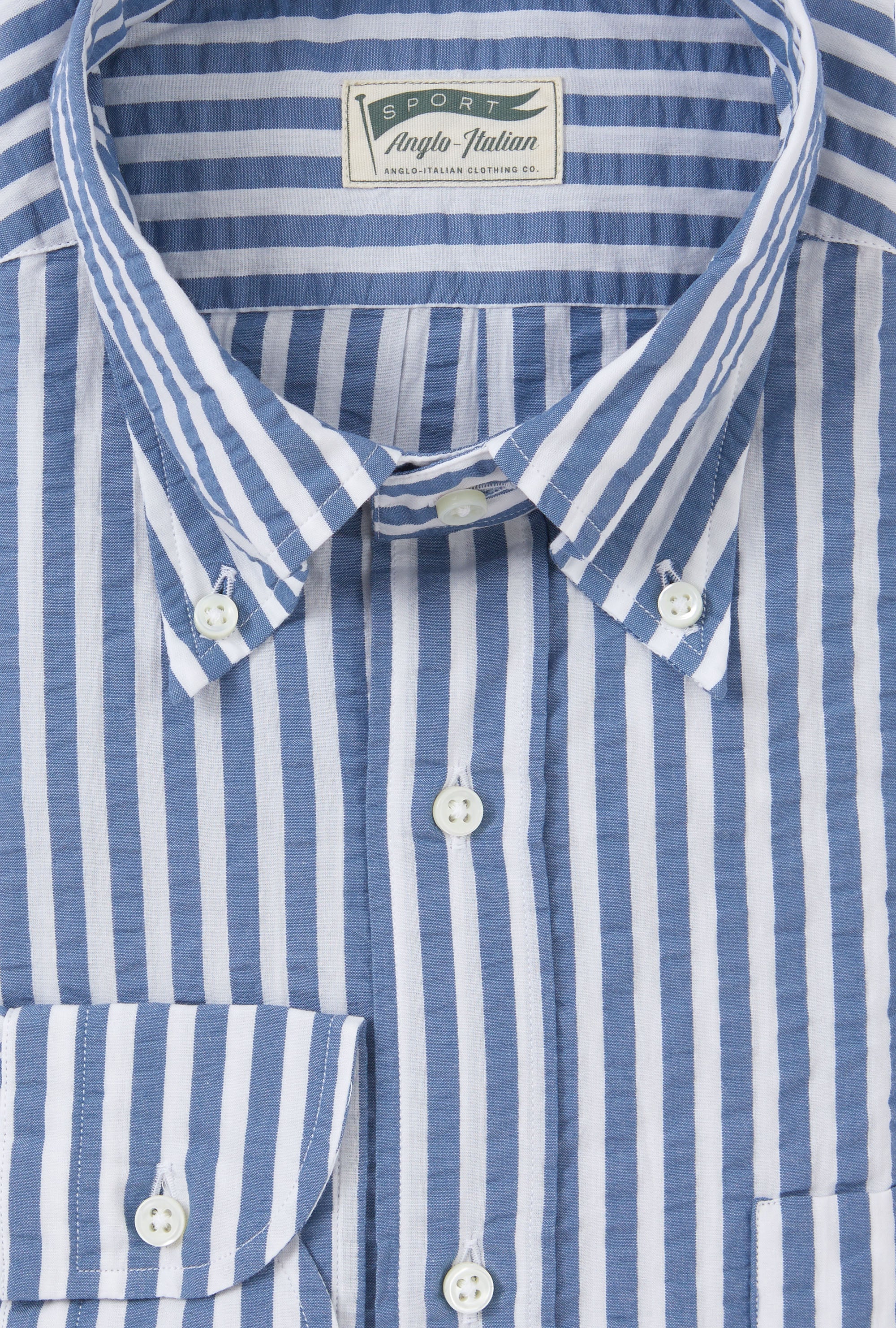 Button Down Sport Shirt Cotton Seersucker Blue Stripe