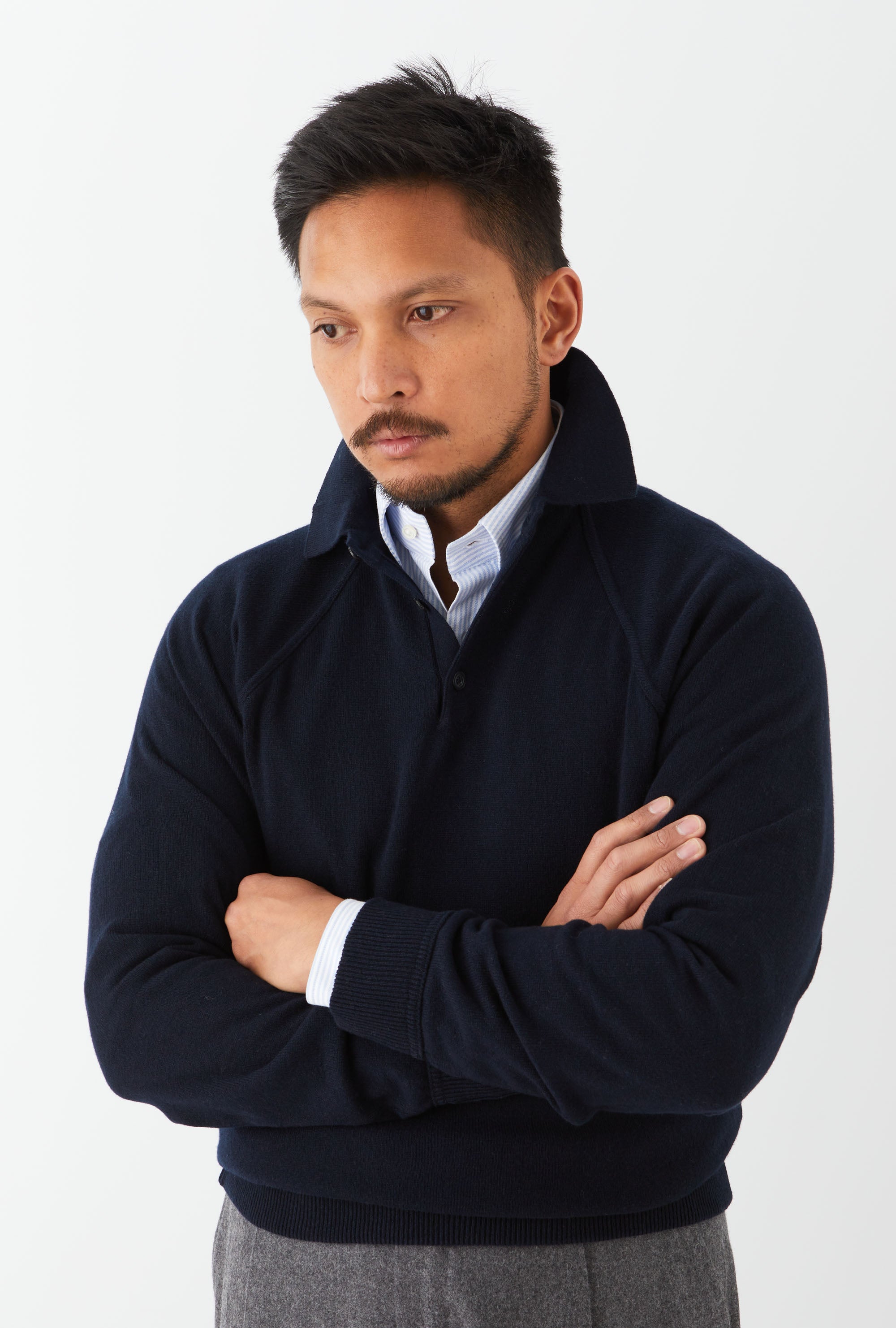 Raglan Sleeve Polo Wool-Cashmere Navy