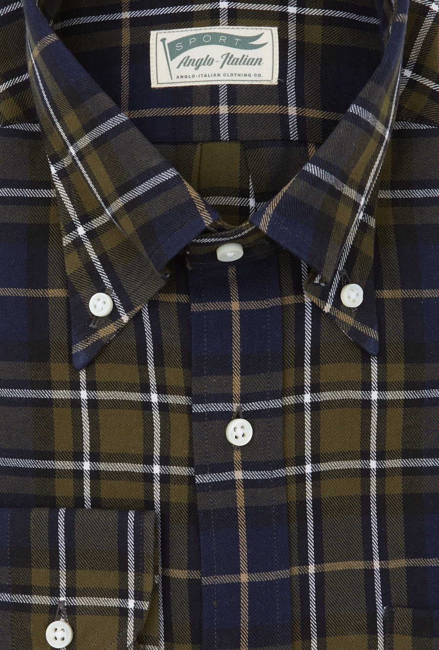 Button Down Sport Shirt Brushed Twill Navy Green White Check