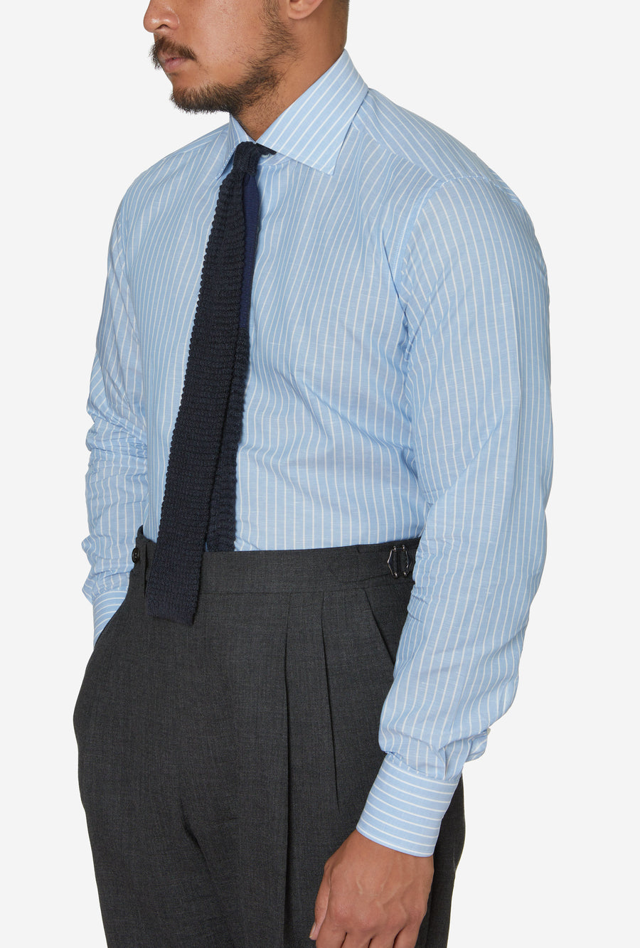 Spread Collar Shirt Zephyr Cotton-Linen Blue Reverse Stripe