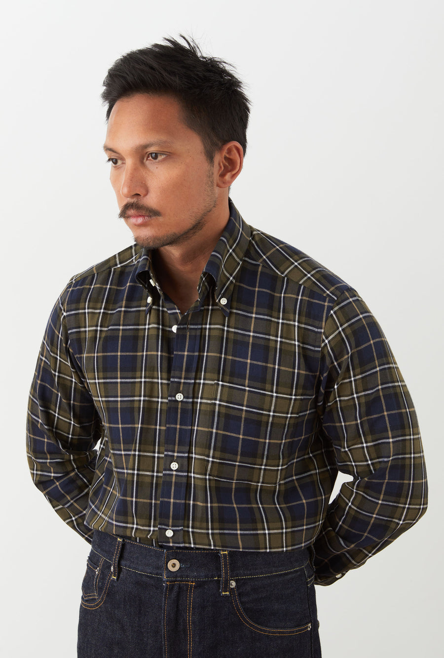 Button Down Sport Shirt Brushed Twill Navy Green White Check