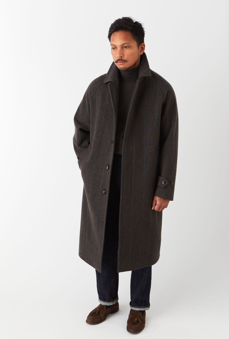 Raglan Sleeve Overcoat Wool Brown Glen Plaid Blue Overcheck