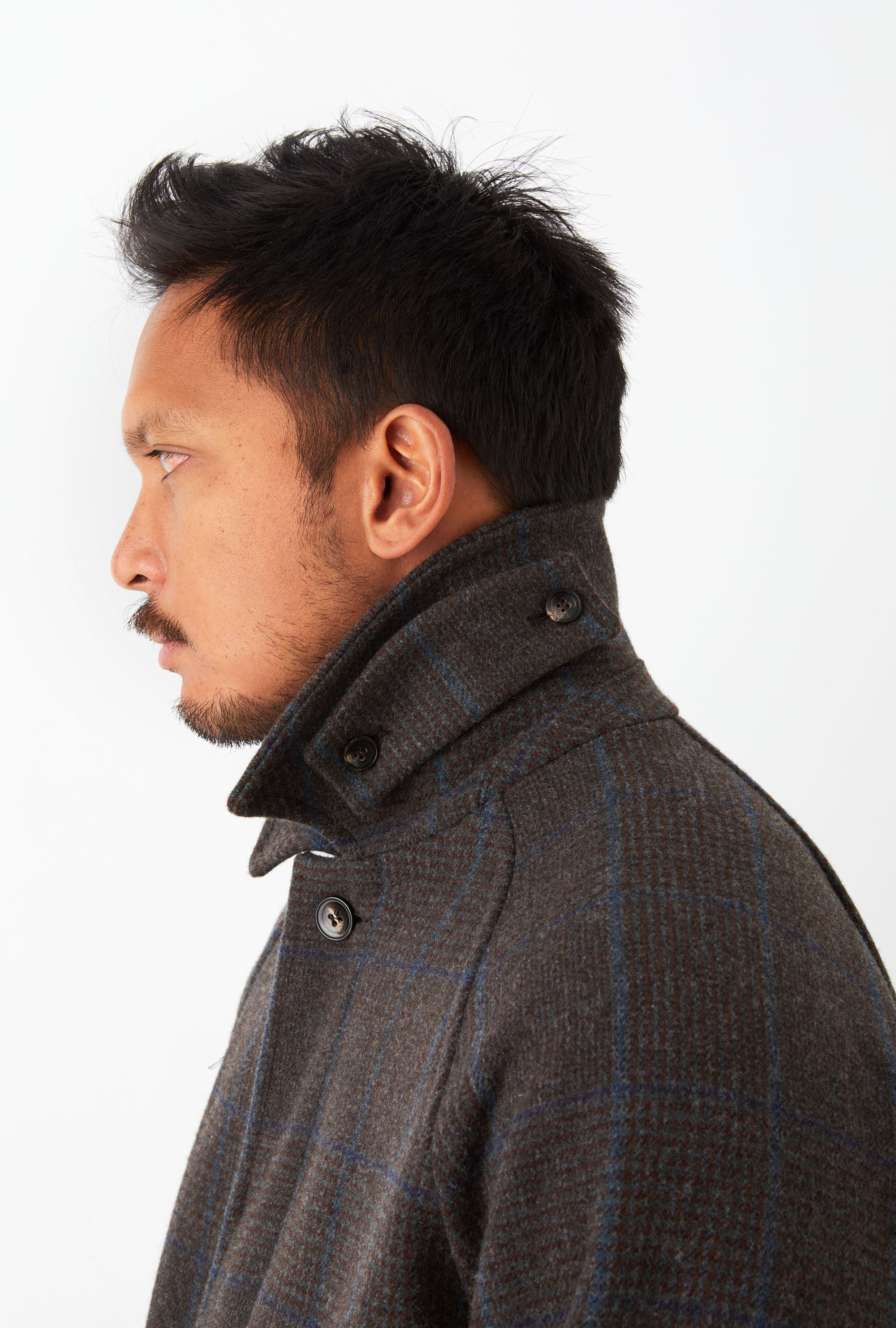 Raglan Sleeve Overcoat Wool Brown Glen Plaid Blue Overcheck