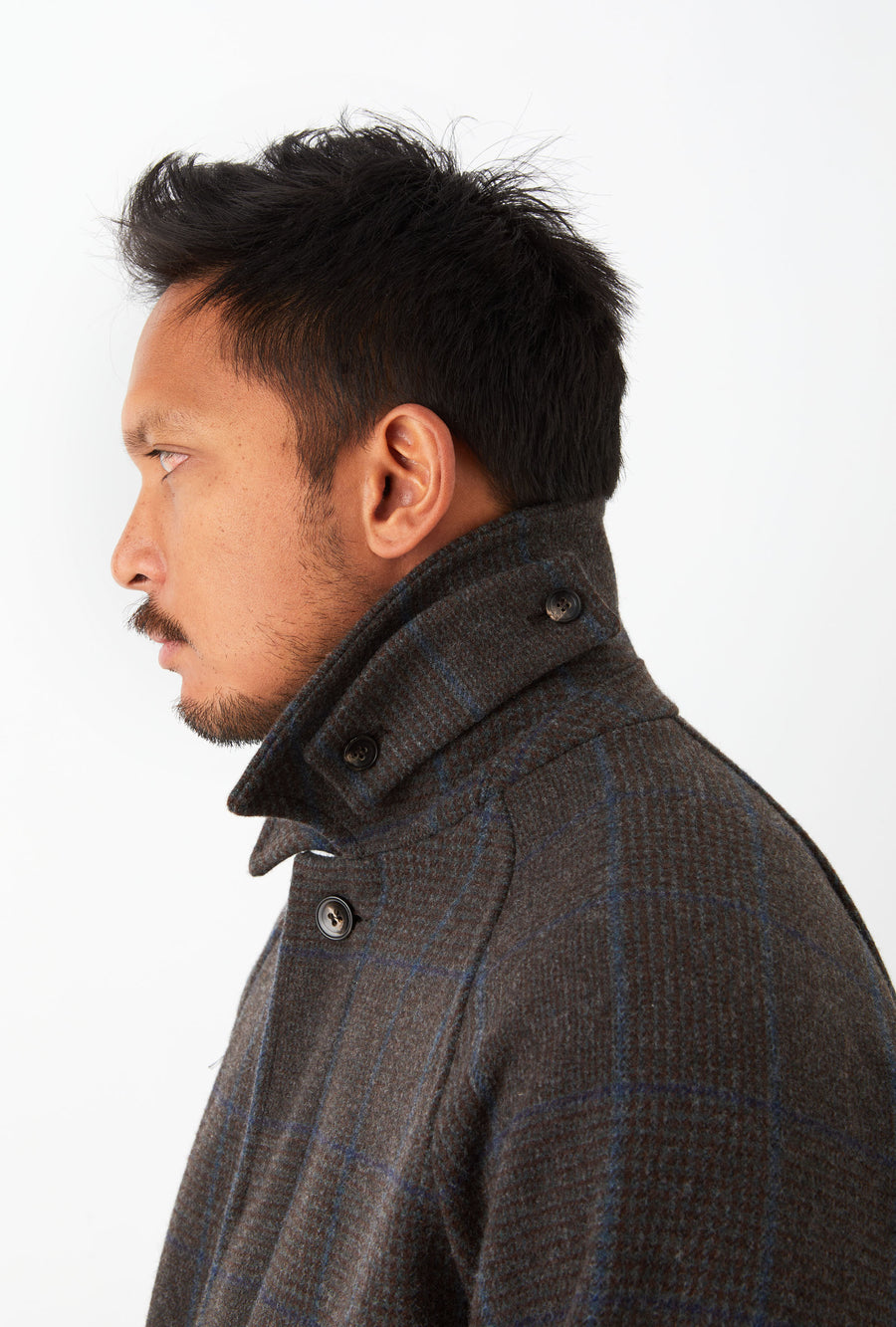 Raglan Sleeve Overcoat Wool Brown Glen Plaid Blue Overcheck