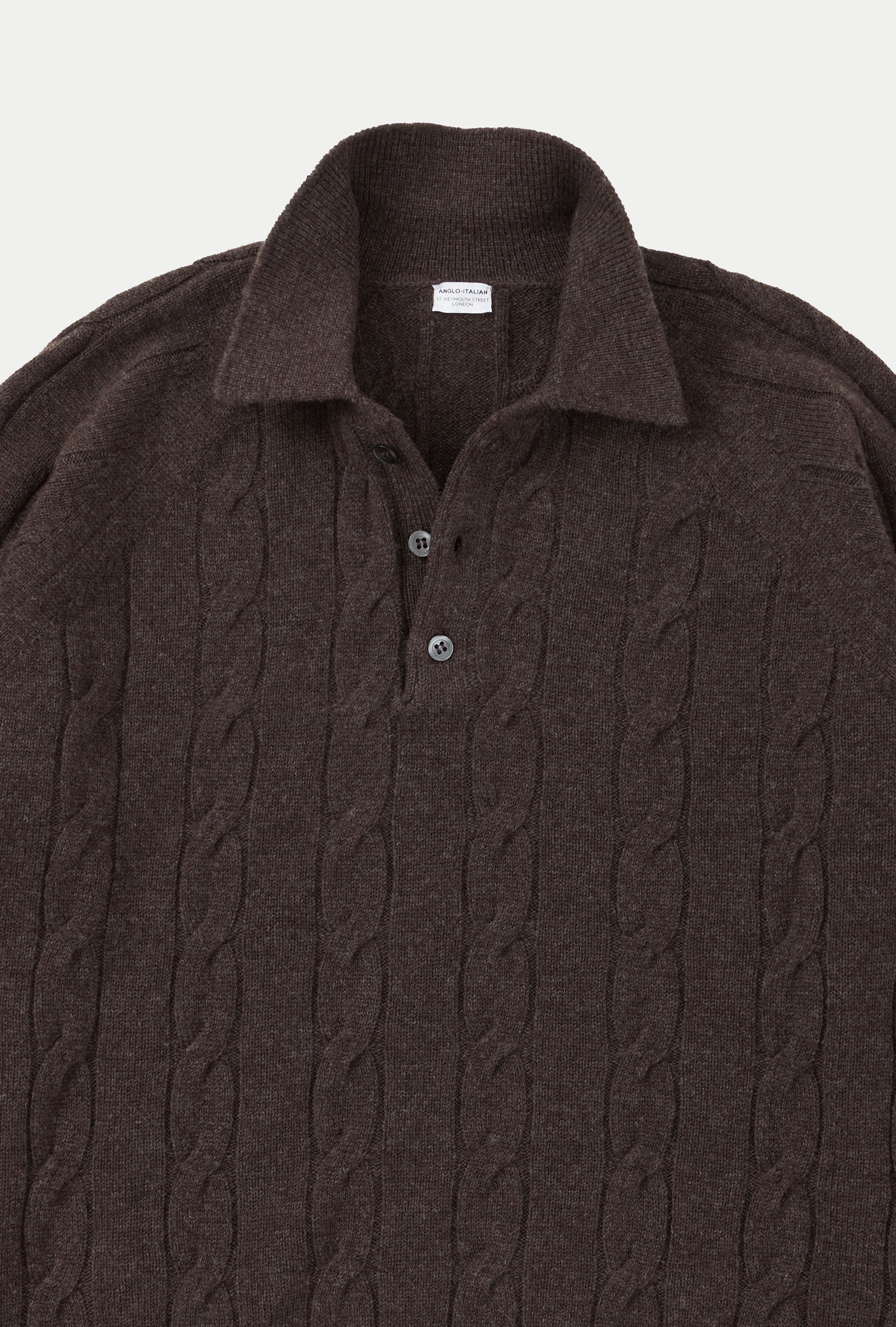 Raglan Polo Cableknit Wool-Cashmere Brown Melange