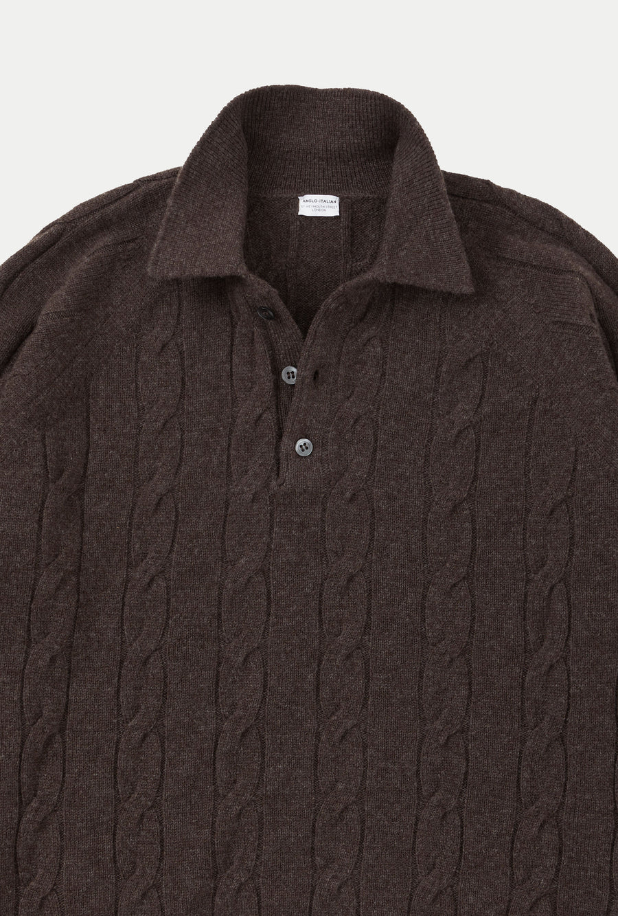Raglan Polo Cableknit Wool-Cashmere Brown Melange
