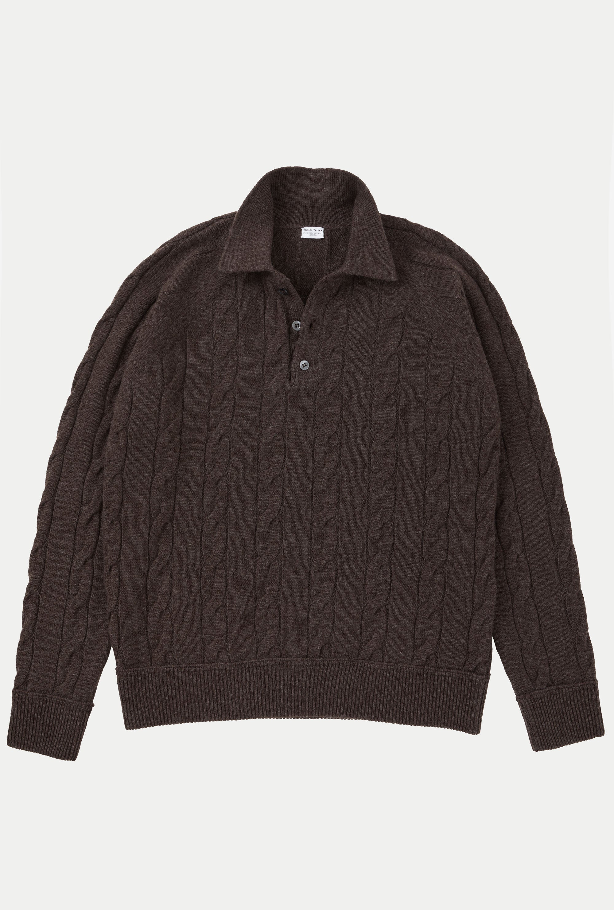 Raglan Polo Cableknit Wool-Cashmere Brown Melange