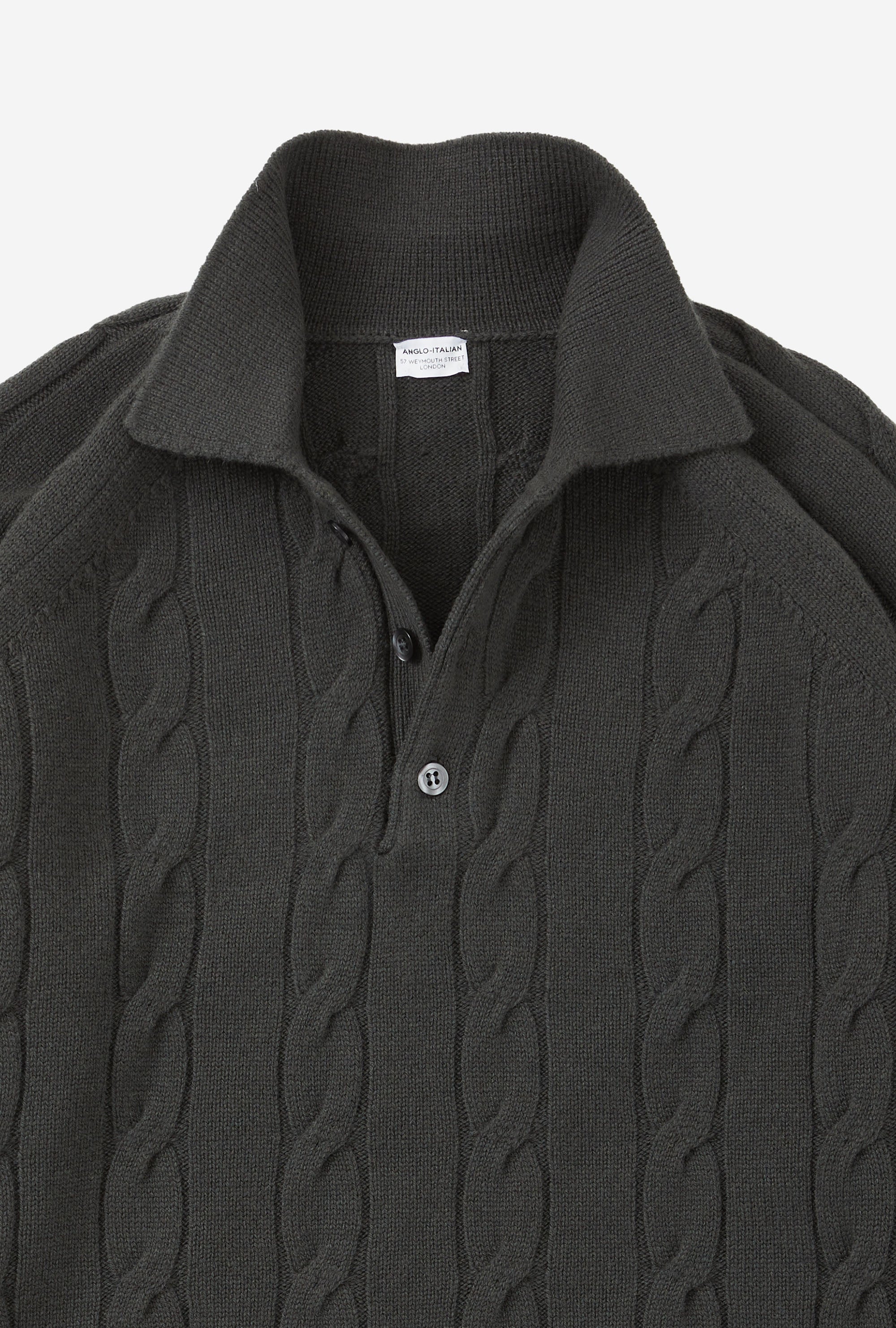 Raglan Polo Cableknit Wool-Cashmere Military Green