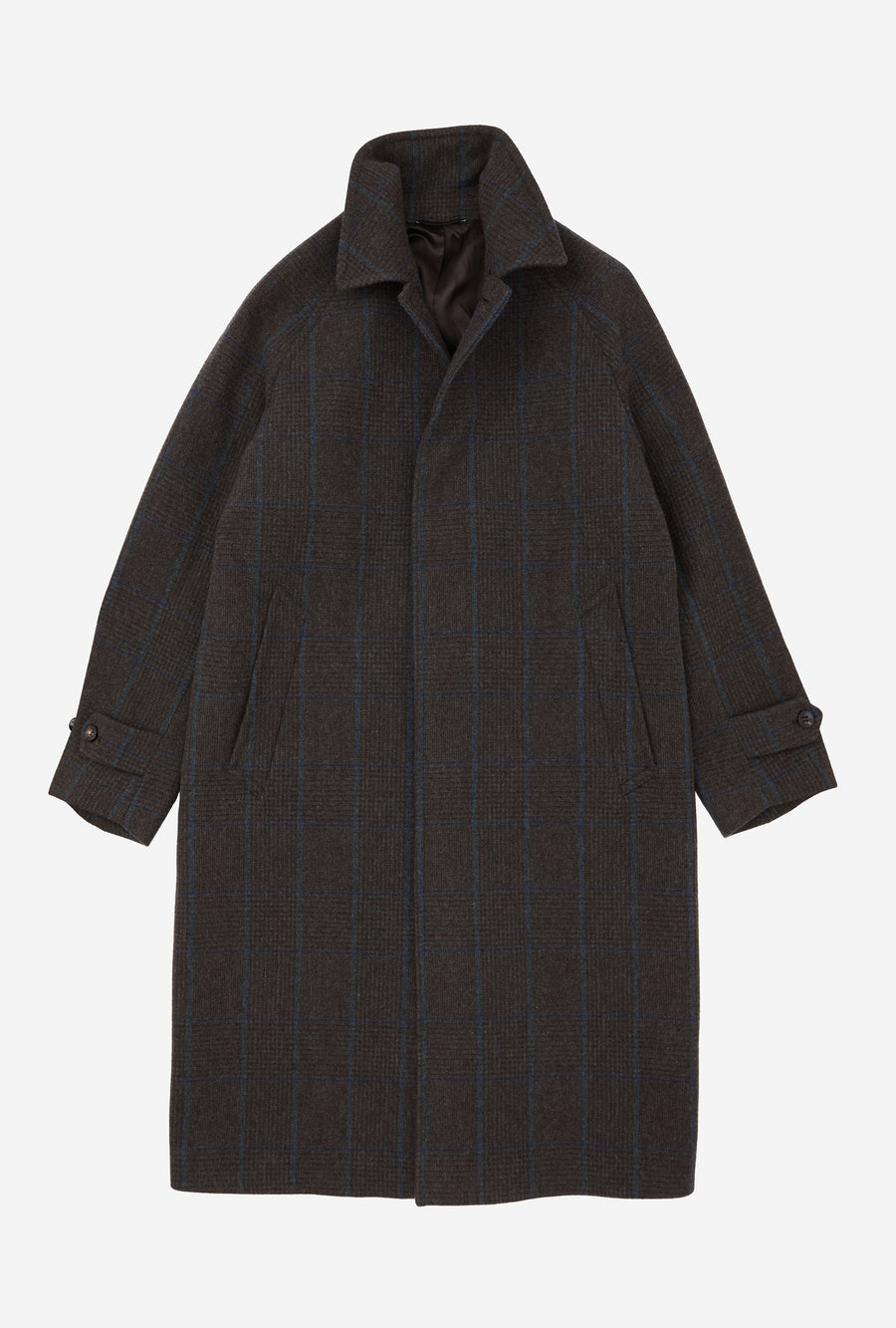 Raglan Sleeve Overcoat Wool Brown Glen Plaid Blue Overcheck