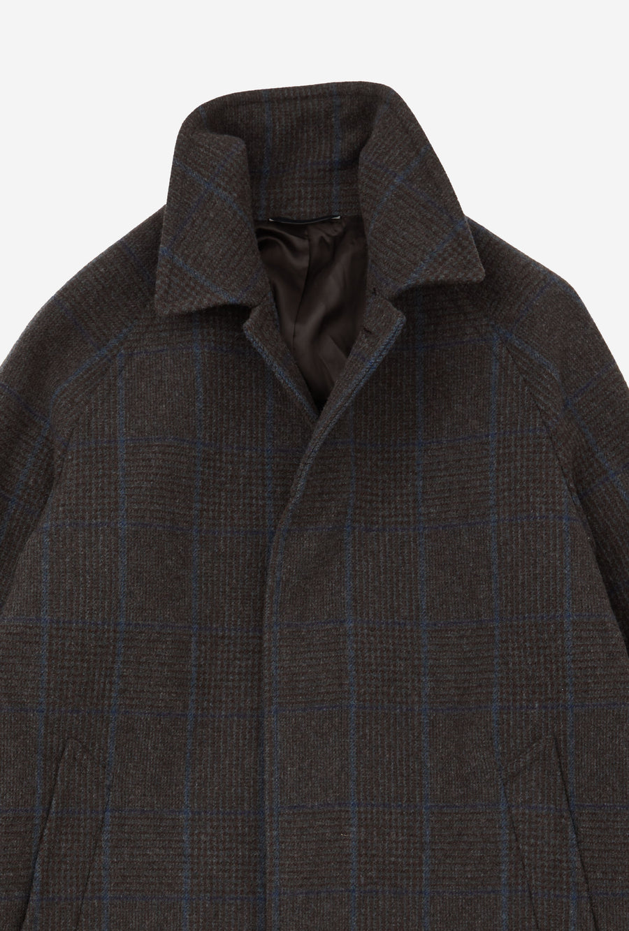 Raglan Sleeve Overcoat Wool Brown Glen Plaid Blue Overcheck
