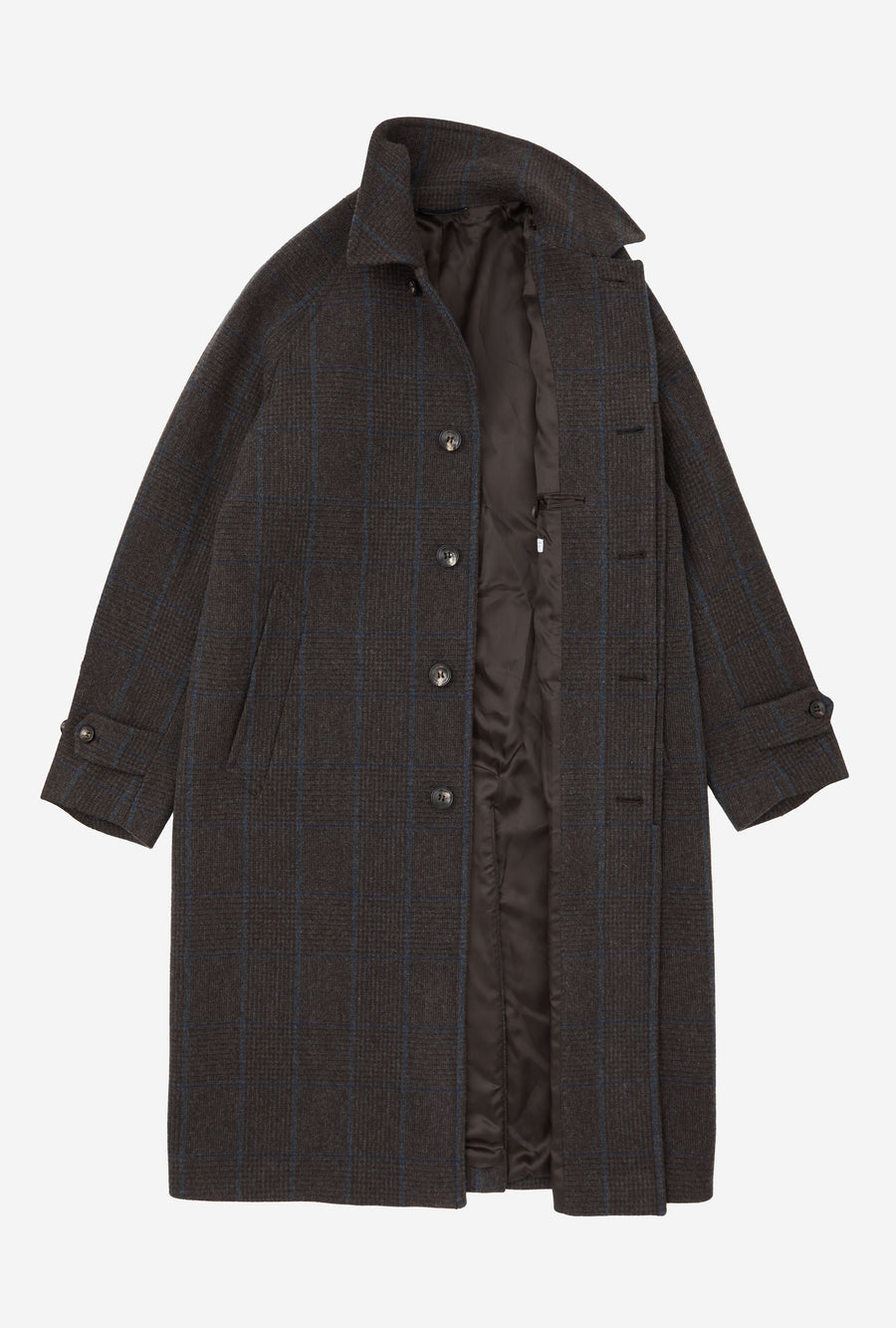 Raglan Sleeve Overcoat Wool Brown Glen Plaid Blue Overcheck