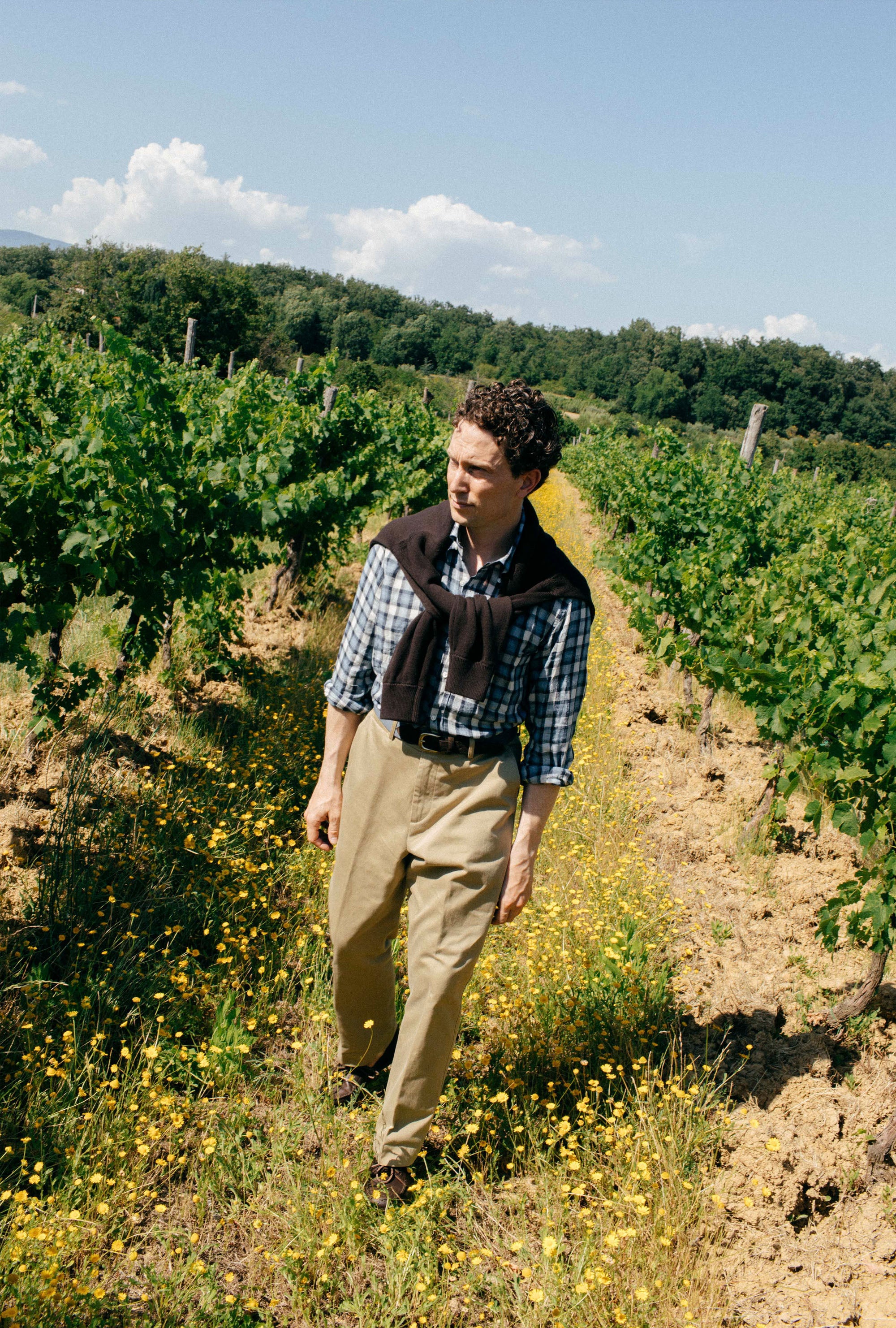 Button Down Linen Madras Shirt Navy Ecru Check