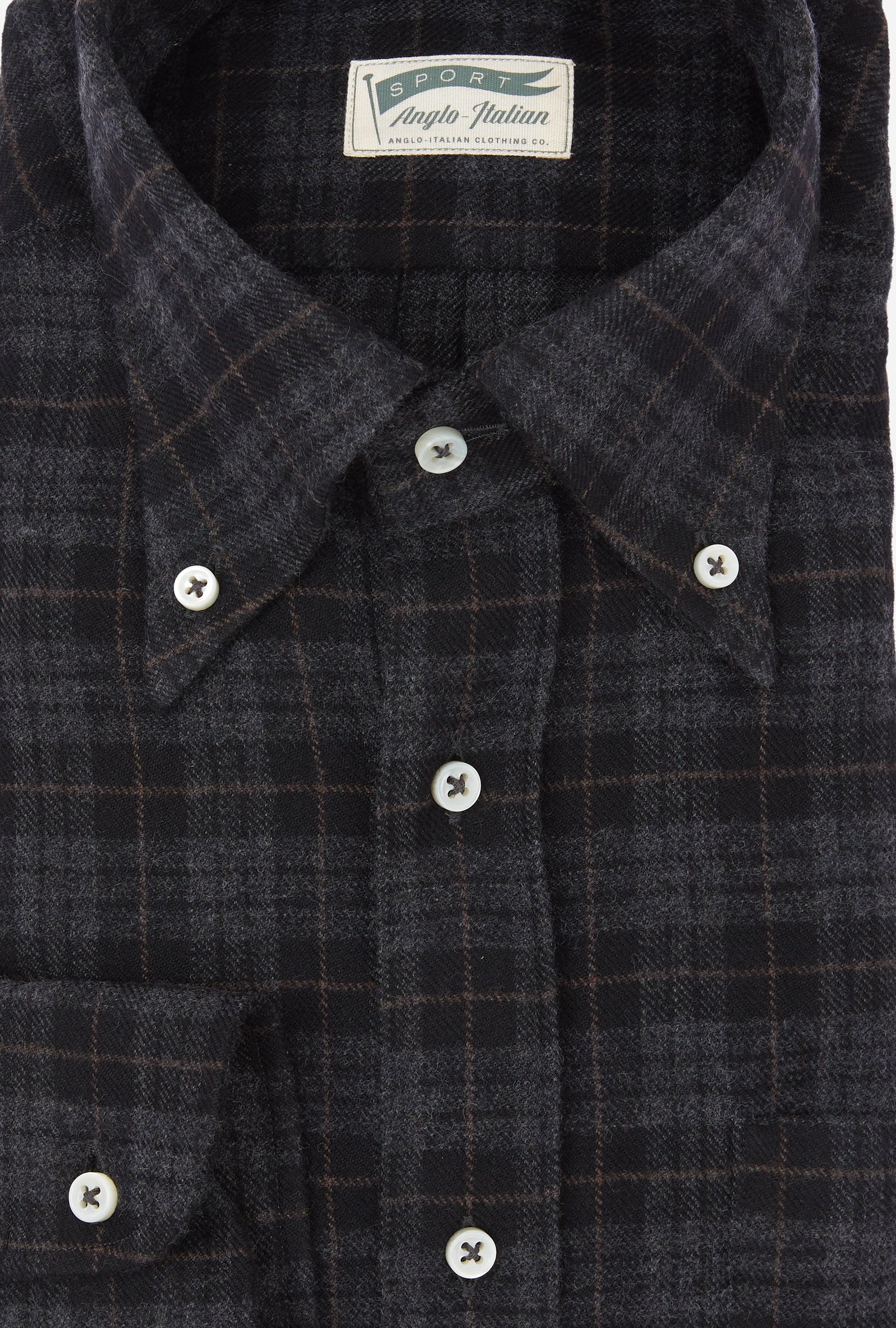 Button Down Sport Shirt Brushed Wool Charcoal Check