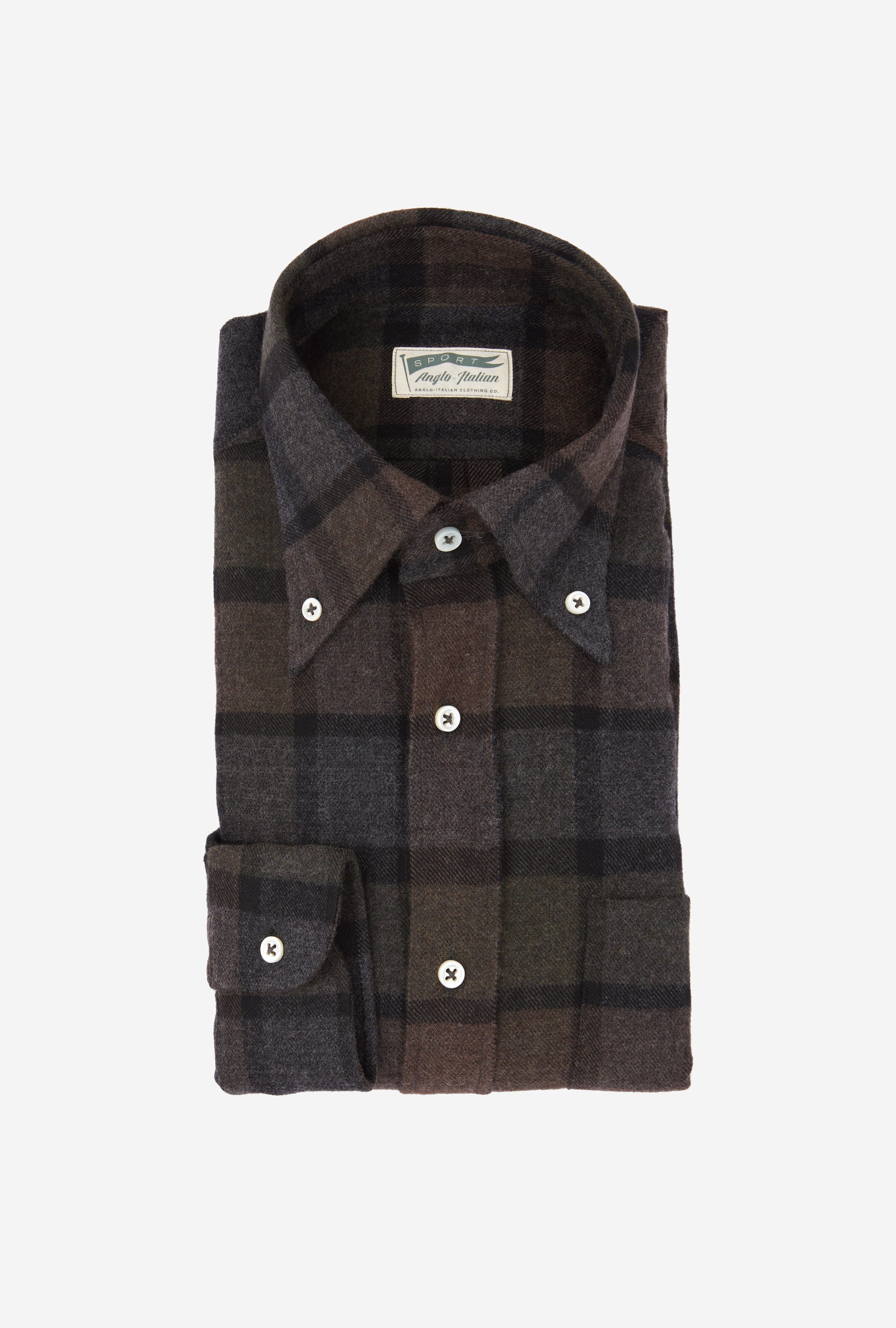 Button Down Sport Shirt Brushed Wool Green Grey Brown Check