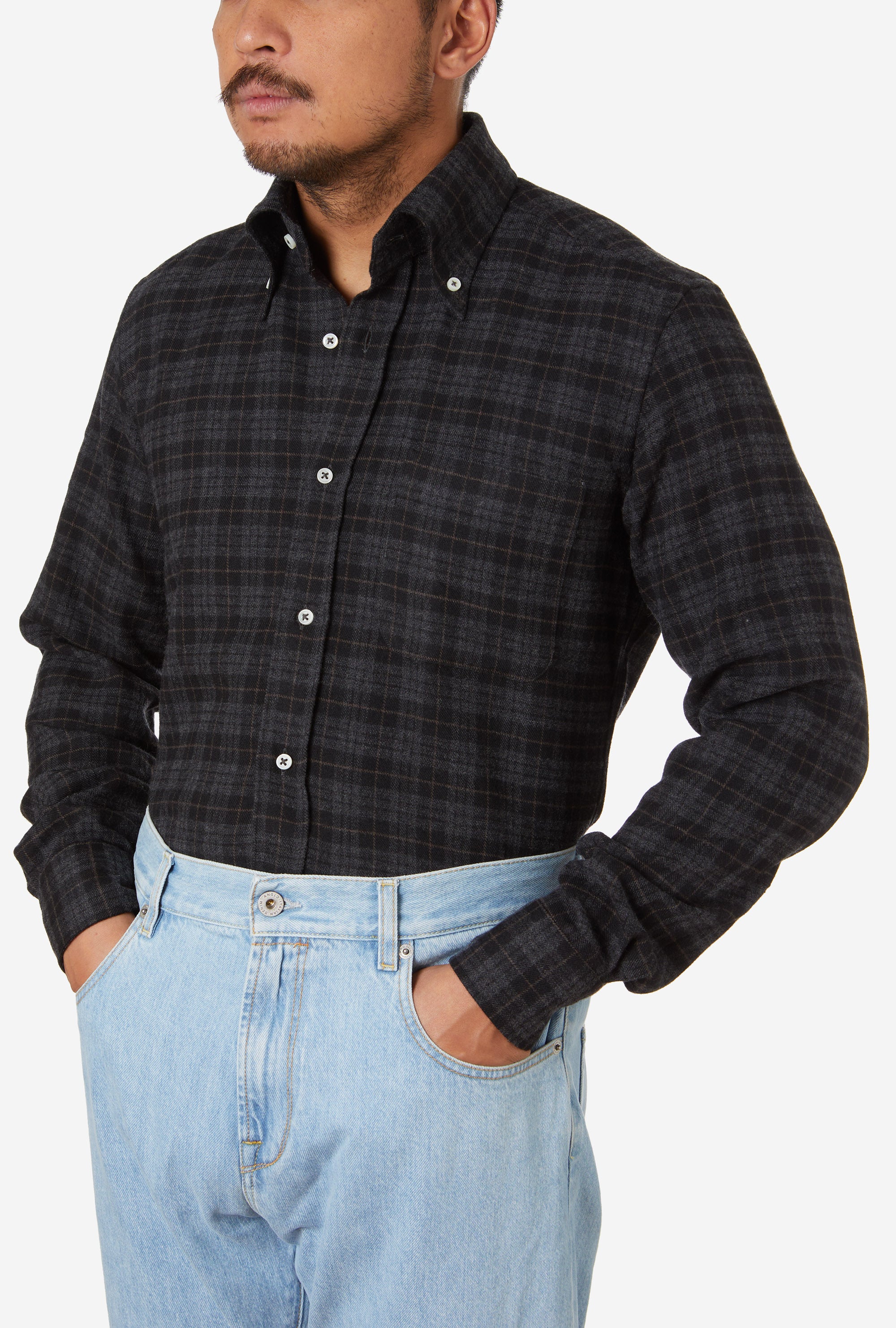 Button Down Sport Shirt Brushed Wool Charcoal Check