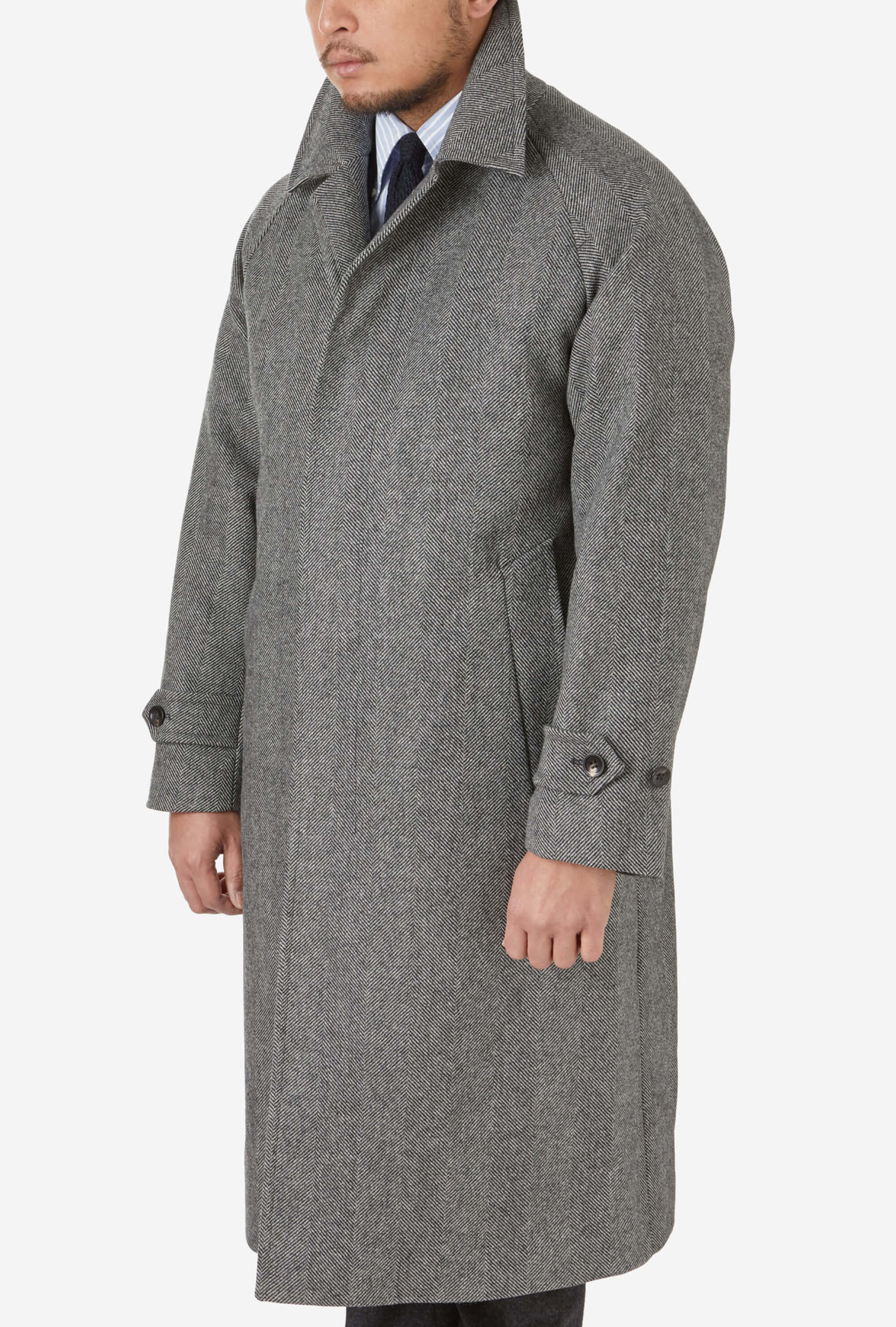 Raglan Sleeve Overcoat Wool Grey Herringbone