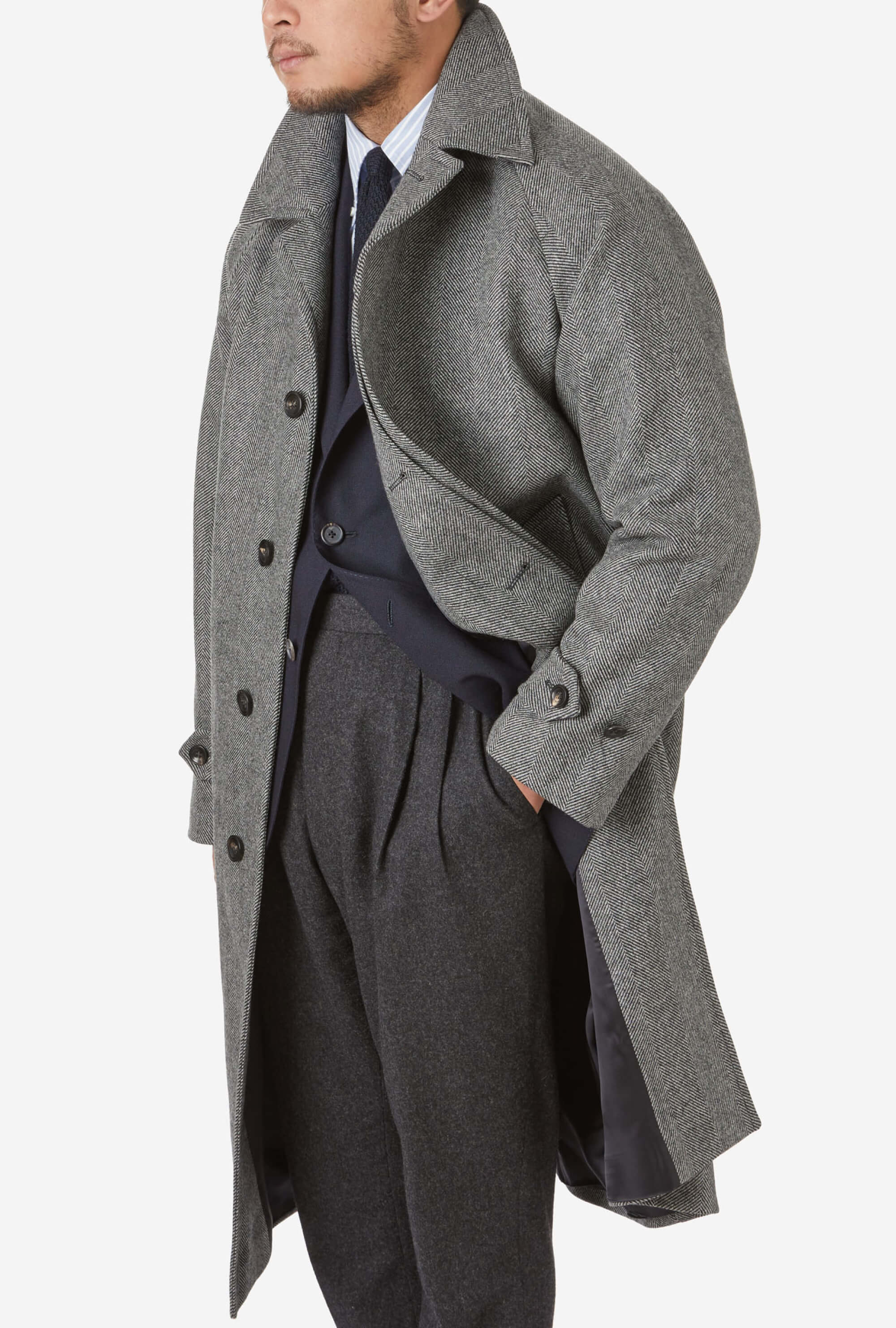 Raglan Sleeve Overcoat Wool Grey Herringbone