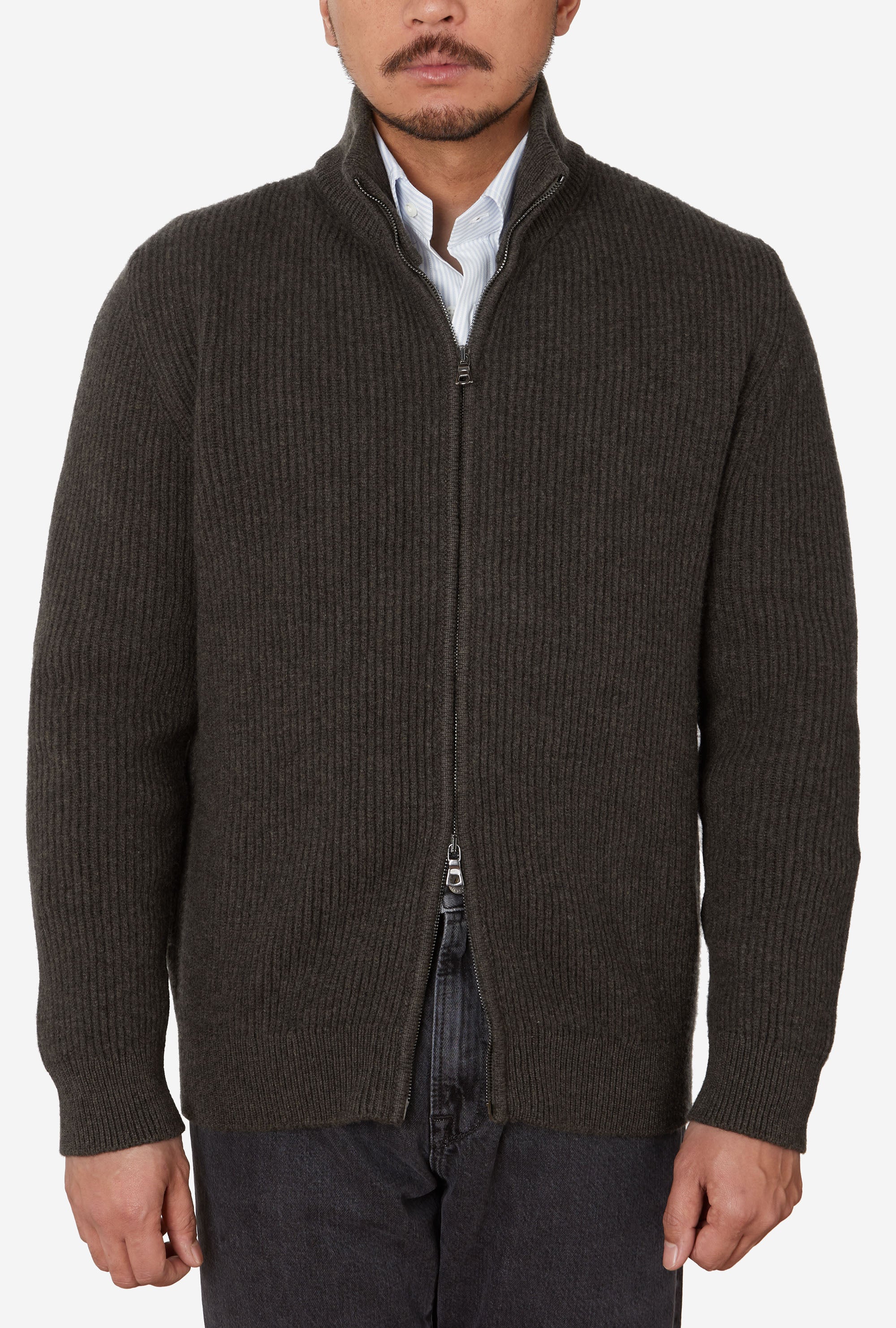 Zip-Through Cardigan Wool Olive Melange