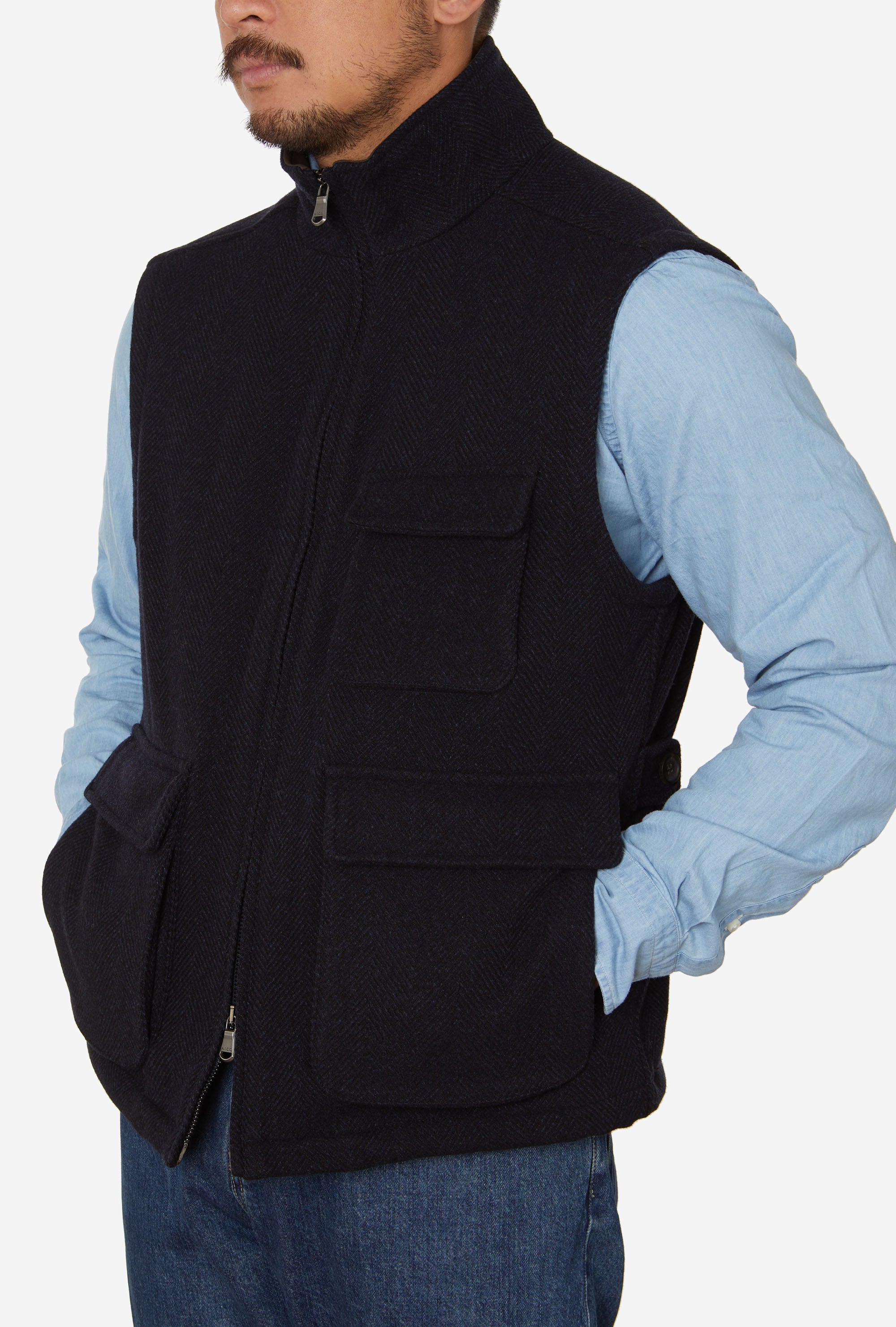 Gilet Wool-Cashmere Navy Herringbone