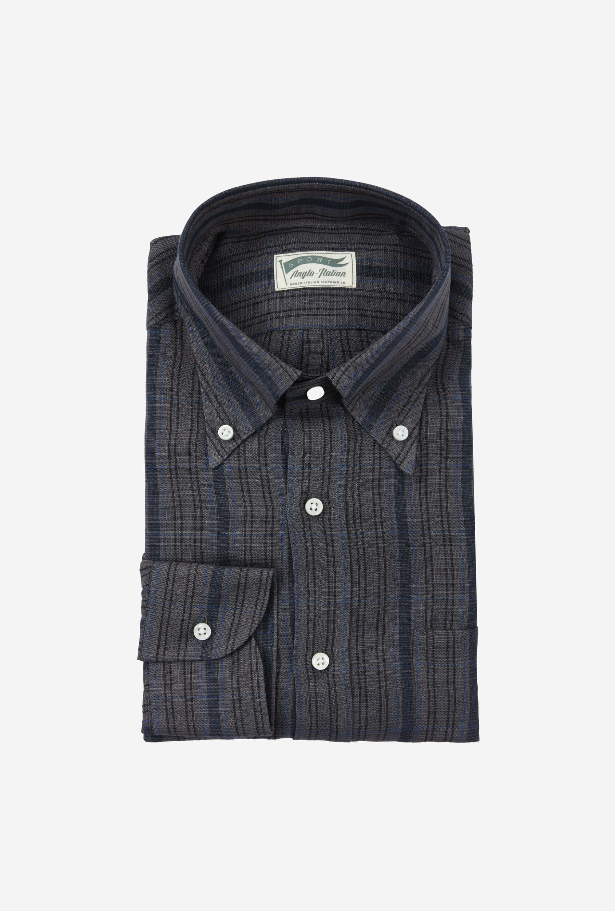 Button Down Linen Shirt Washed Madras Charcoal Navy Double Stripe