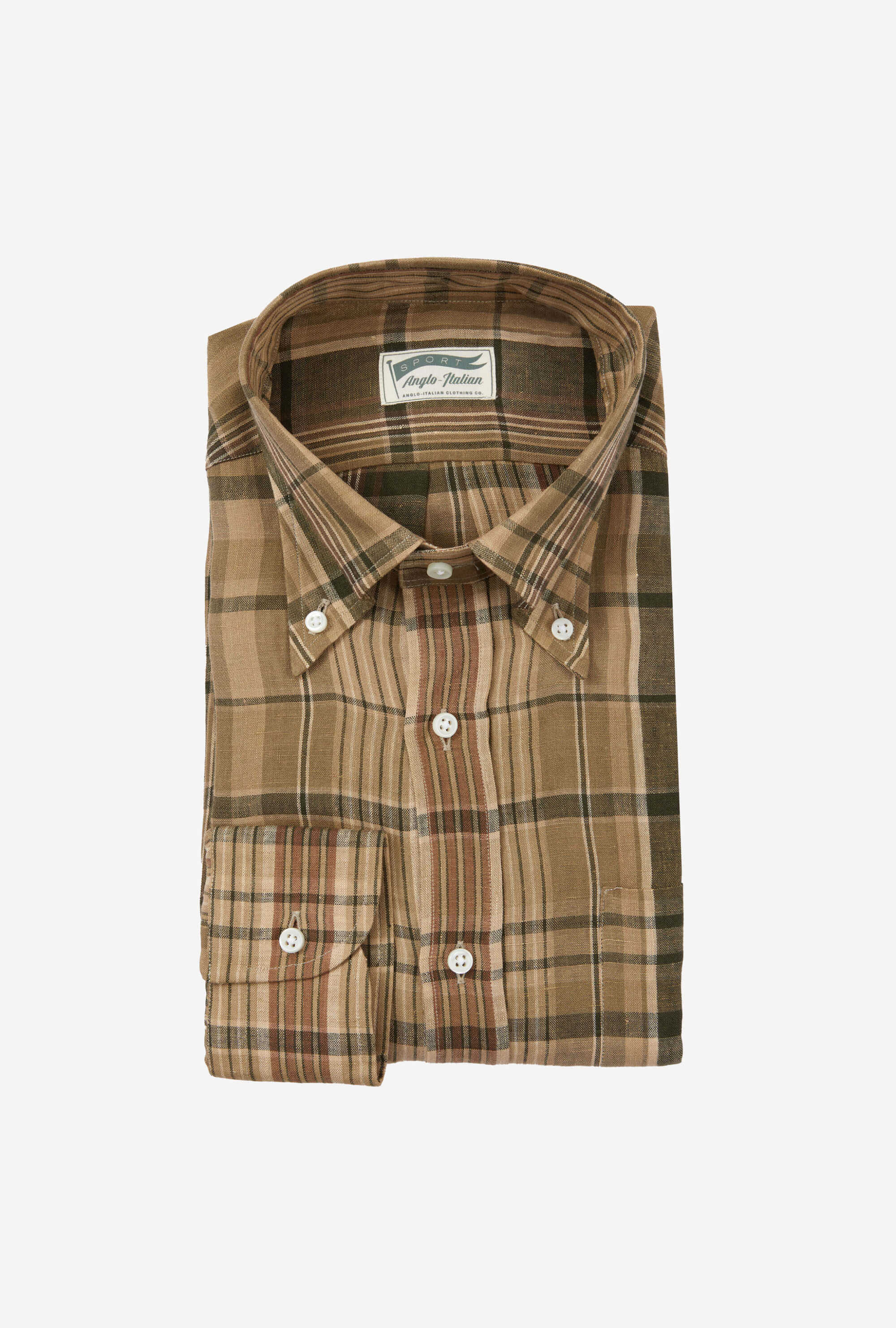 Button Down Linen Shirt Washed Madras Sand Olive Check