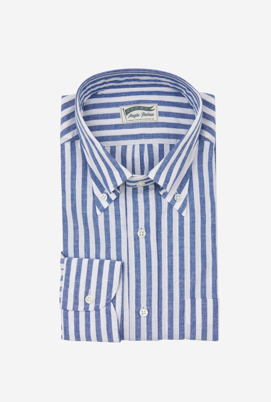 Button Down Sport Shirt Cotton-Linen Blue Butchers Stripe
