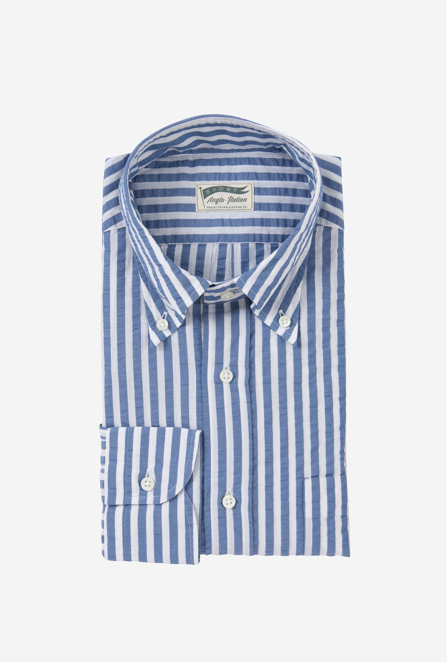 Button Down Sport Shirt Cotton Seersucker Blue Stripe