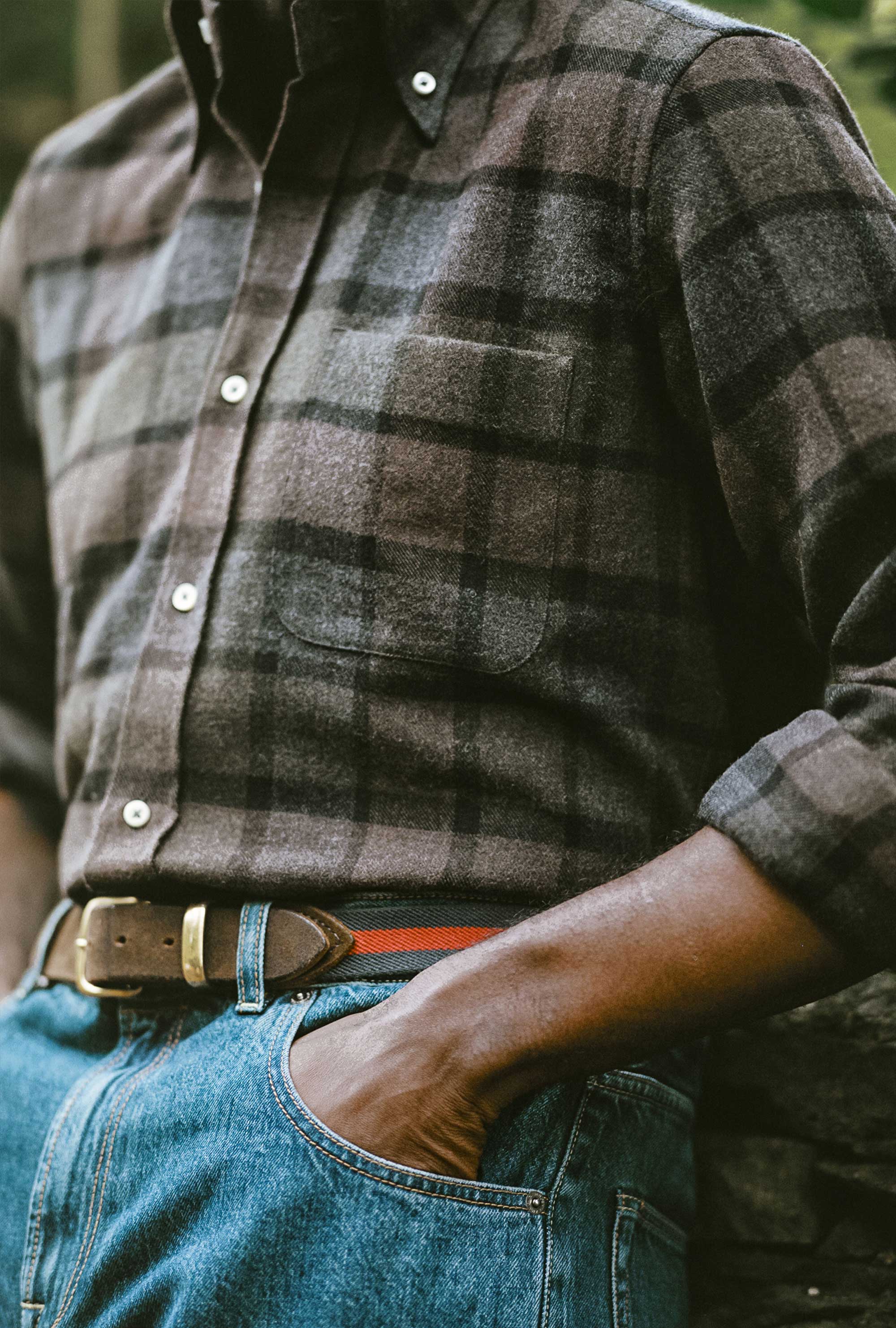 Button Down Sport Shirt Brushed Wool Green Grey Brown Check