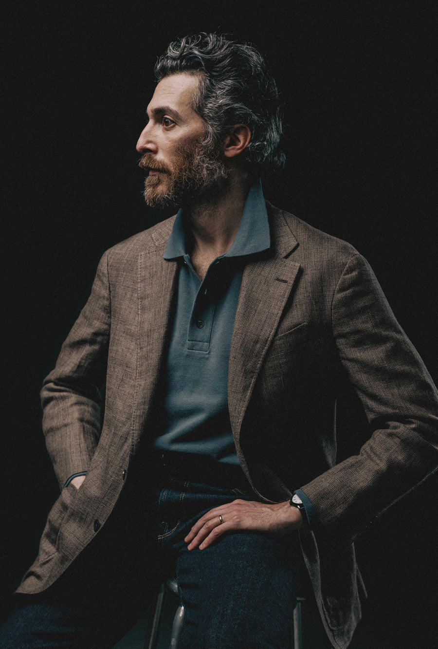 Sport Jacket Silk-Linen Sand Tickweave Blue Overcheck