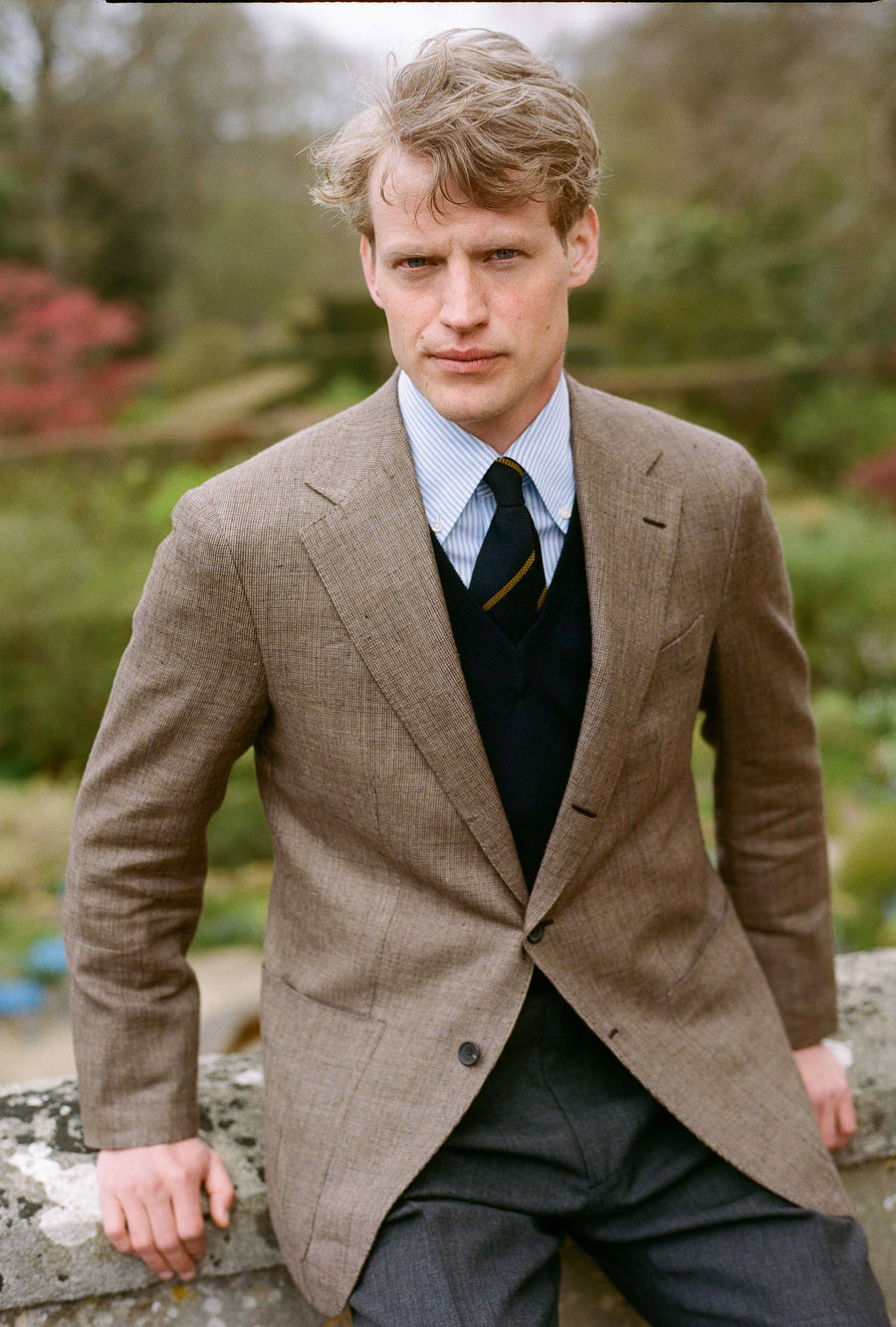 Sport Jacket Silk-Linen Sand Tickweave Blue Overcheck