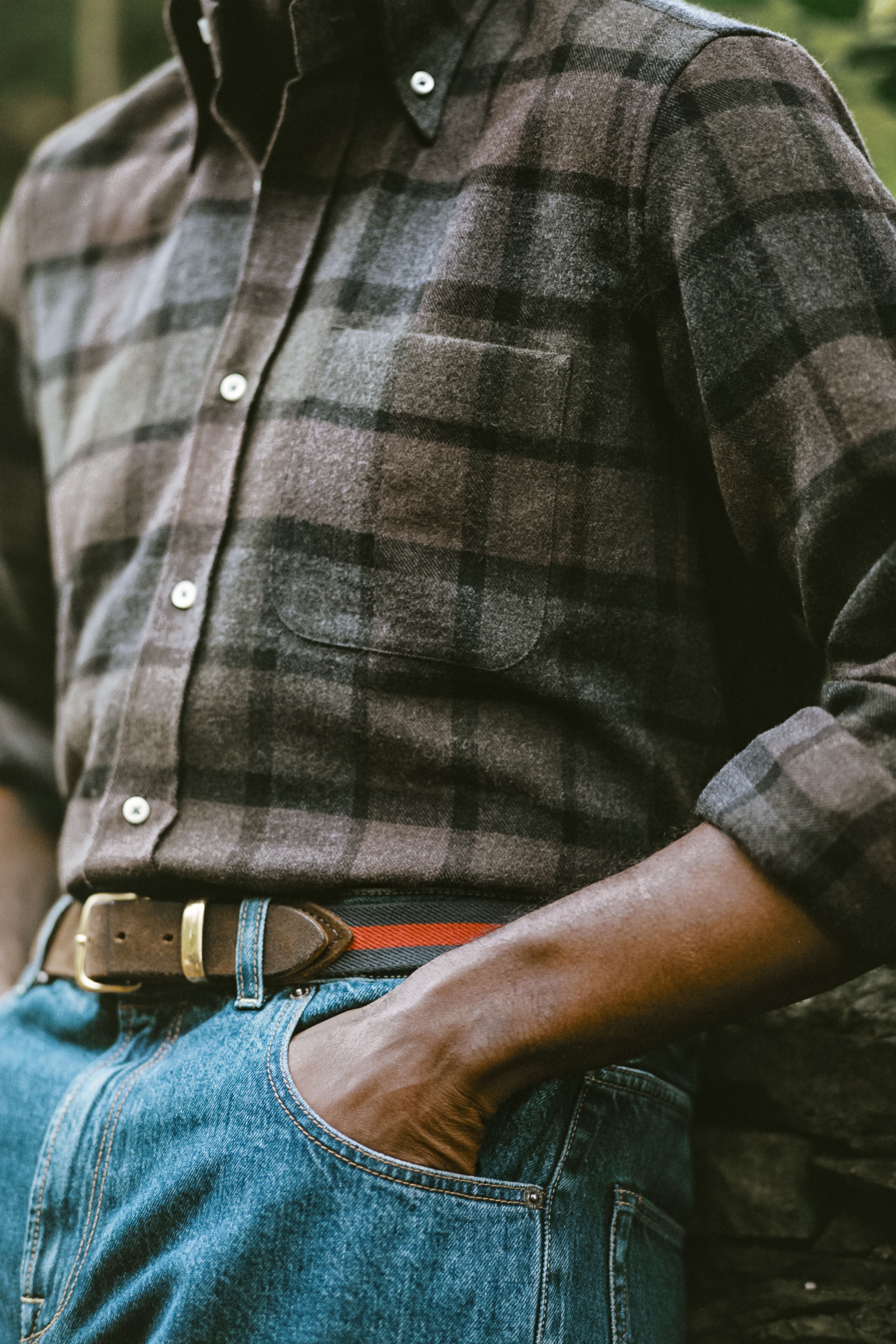 Button Down Sport Shirt Brushed Wool Green Grey Brown Check