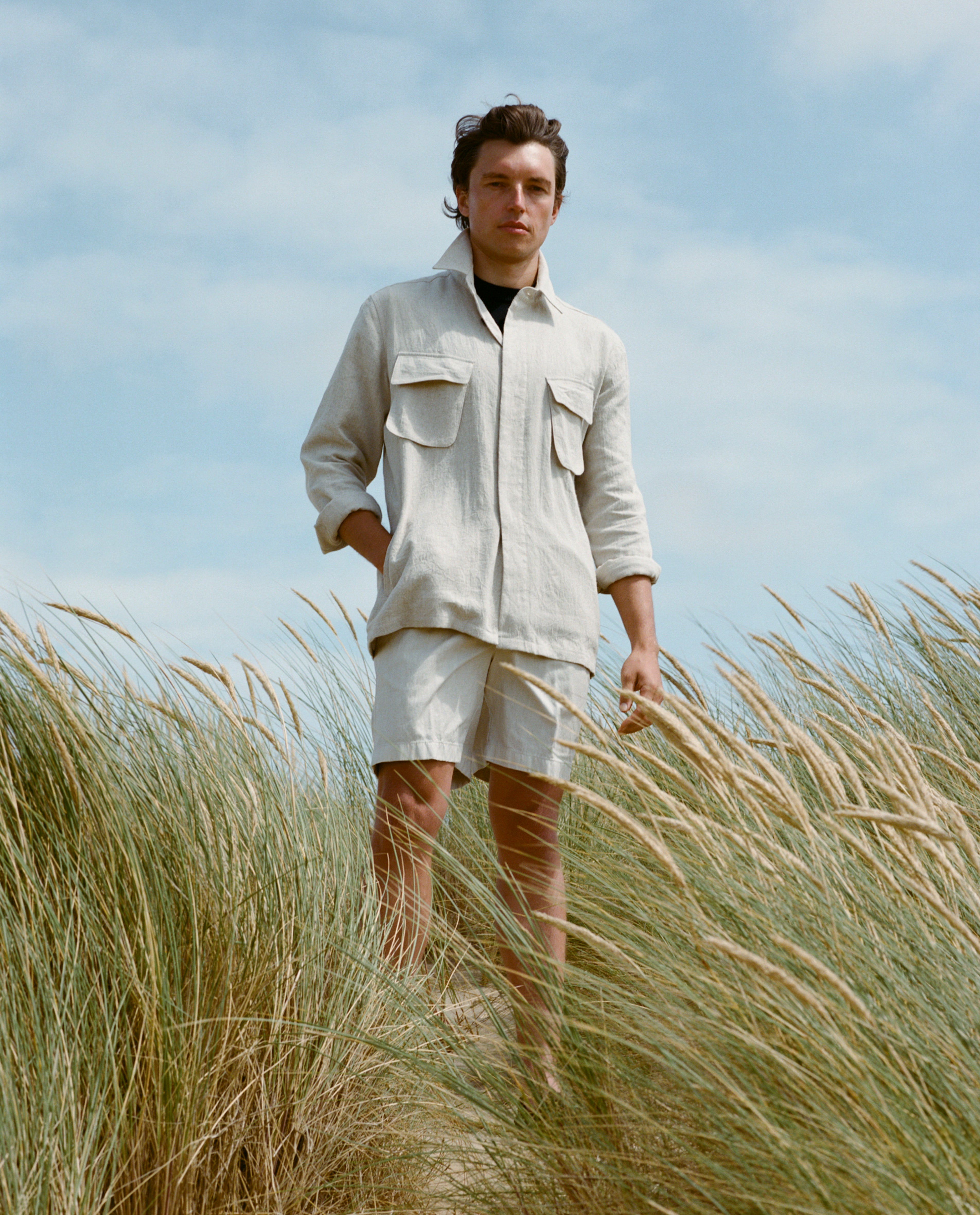Garment Washed Cotton-Linen Shorts Sand